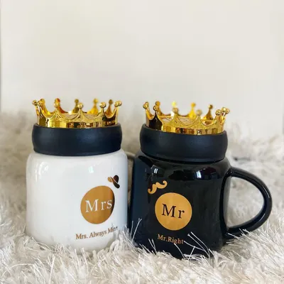 Our royal "Mr. Right" and "Mrs. Always Mine" mugs are a customer favorite. Each mug comes with a golden crown lid, making it a fun and regal gift for weddings, anniversaries, or engagements.