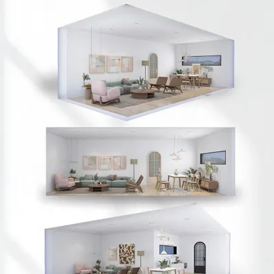 An introduction to our 'Boho Breeze' design series, showcasing isometric views of a living and dining space with a subtle, raw, and elegant theme.