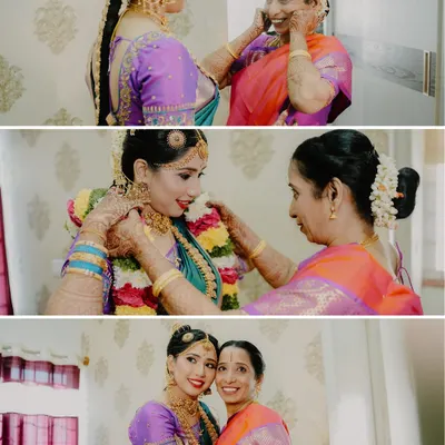 A beautiful collage of a bride and her mother sharing precious moments while getting ready. The hug, the shared smiles, and the adjustments to the jewelry tell a story of love and support.