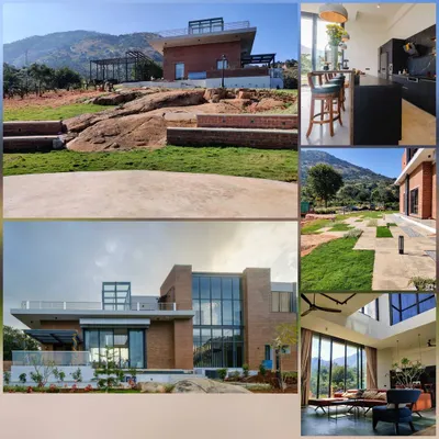A snapshot of our Nandi Hills weekend home, showcasing its exterior, interior, and integration with the rocky landscape. This collage captures the essence of the project's indoor-outdoor living concept.