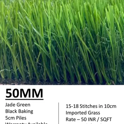 This is our premium 50mm Jade Green grass. With 5cm tall piles, it's incredibly soft and lush, giving the most realistic look and feel for high-end lawns and gardens. A warranty is available.
