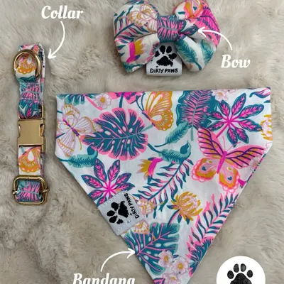 This tropical print set includes a collar, a matching bandana, and a detachable bow. The vibrant colors are perfect for adding a pop of fun to your pet's wardrobe.