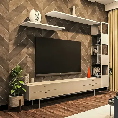 A modern TV unit with an asymmetrical design, featuring floating white shelves and a sleek console. The unit is set against a dark wood chevron-patterned wall for a dramatic effect.