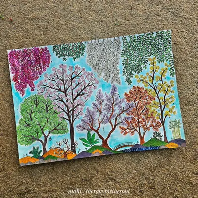 Inspired by the beautiful spring blooms of Bangalore, this painting is a tribute to my city. It captures the variety of trees like Jacaranda and Gulmohar, filled with tiny details of life enjoying nature.