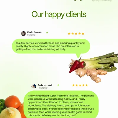 More love from our happy clients. These reviews highlight our "beautiful service," "very healthy food," and "generous quantity," praising our fresh, flavorful, and wholesome ingredients.