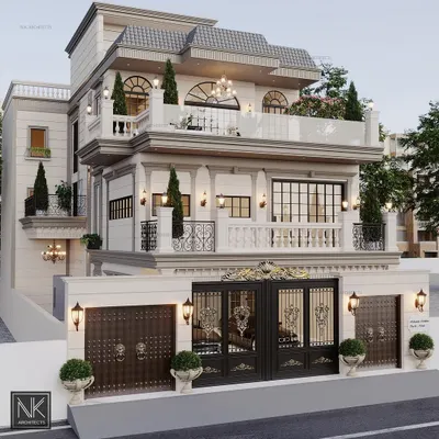 A look at a neoclassical mansion we designed. We focus on creating a grand, flamboyant presence with intricate French-inspired details, from the wrought iron gates to the elegant balustrades and arched windows.