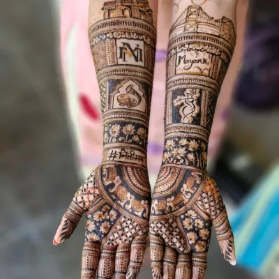 This custom design features Mumbai's landmarks, the groom's name 'Mayank', the couple's initials 'NM', and their wedding hashtag, making it a truly personal story.