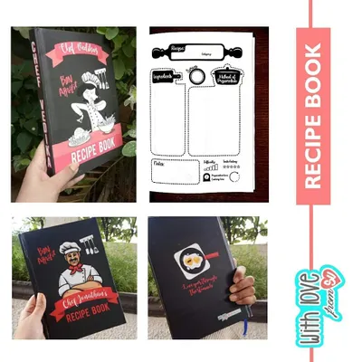 A complete overview of my bestselling custom recipe books. This shows the different cover designs, including the personalized 'for her' and 'for him' options, and the thoughtfully designed recipe template inside.