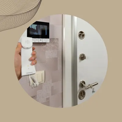 A resident uses a video door phone to see and speak with someone at the entrance. This IP-based system provides enhanced security for apartments and buildings by allowing remote verification of visitors.