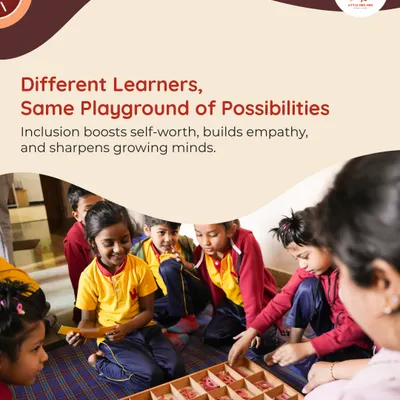 Children and a teacher are gathered around a wooden alphabet board, illustrating our inclusive learning environment. We believe in creating a playground of possibilities for all learners.