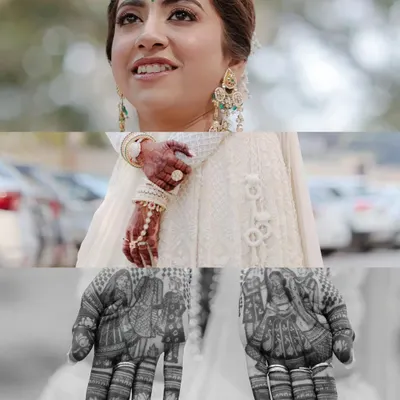 A collage dedicated to the bride's details. Her radiant smile, the intricate henna design telling a story, and her beautiful jewelry all get their moment to shine.