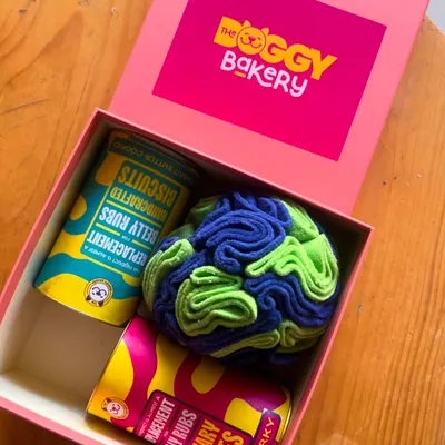 My Doggy Delight Gift Box is a popular choice, featuring a fun sniffer ball for enrichment and two cans of my delicious handcrafted treats.