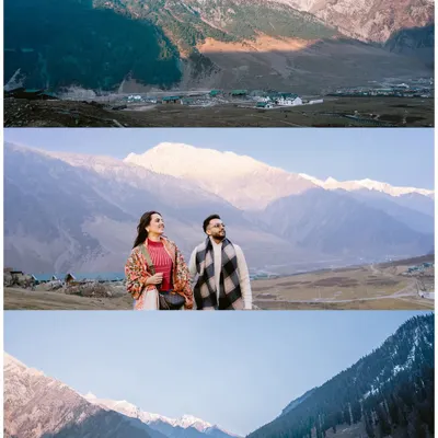 A collage of their Kashmir journey. It shows the scale of the mountains, the quiet valley, and the two of them, small against the vast landscape but the center of their own universe.