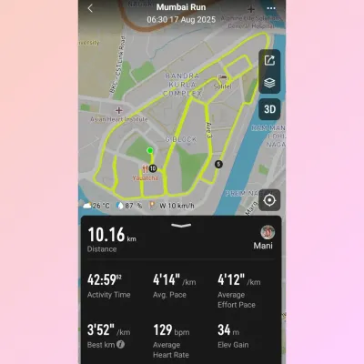 The data from a 10.16km Mumbai run, showing an average pace of 4:14/km. We use this information to analyze performance and fine-tune your personalized training plan.