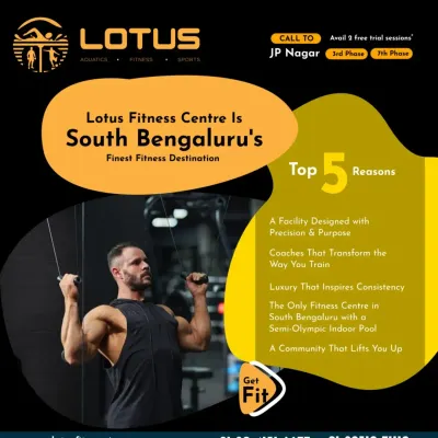 This graphic outlines the top five reasons we are considered South Bengaluru's finest fitness destination. Our semi-Olympic indoor pool is a key part of our premium, purpose-built facility.