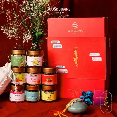 Here is the full 'Nok Jhok' Raksha Bandhan hamper, a treasure chest of memories and flavours. It includes everything from Pani Puri Cashews to Pineapple Pepper Pickle, celebrating the sweet and spicy bond you share.