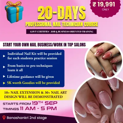 Here are all the details for my 20-day professional nail technician course. It is a job-oriented program with government certification, designed to help you start your own business or work in a top salon. I've included everything from the course fee to the start date.