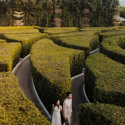 A breathtaking aerial view of a couple navigating a hedge maze together. This image symbolizes the journey of love and is a perfect example of how we capture surprise proposals in the most creative and meaningful ways.