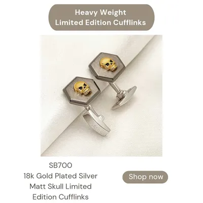 These limited edition cufflinks are for the man with an edge. Crafted from heavy 92.5 silver, they feature a gold-plated skull on a hexagonal base, combining luxury with a bold design.