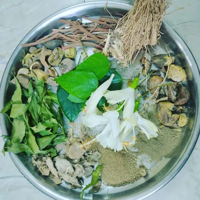 These are the building blocks of my products. A plate full of fresh and dried jadibutiya, including hibiscus flowers, neem leaves, and other herbs, ready to be turned into a nourishing hair or skin treatment.