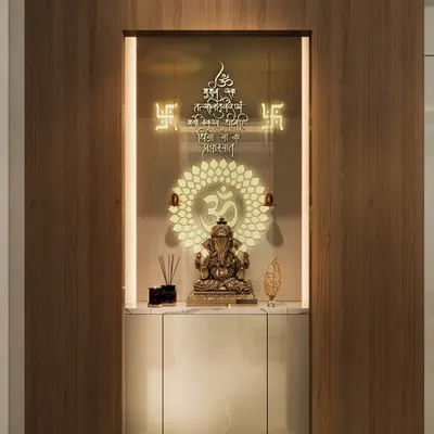 This modern mandir is designed as a niche within a wooden-paneled wall. It features a backlit "Om" symbol and sacred mantras, creating a divine glow.