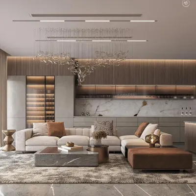 This open-concept living space combines the kitchen and living room into one seamless, elegant area. I used consistent wood paneling and a neutral color palette to unify the zones, while the statement chandelier adds a touch of glamour.