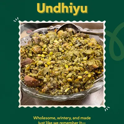 Our seasonal Undhiyu, served in a bowl, ready to be enjoyed. This picture shows the final dish, a wholesome mix of winter vegetables and spices, slow-cooked to perfection. It's a hearty, comforting meal that we look forward to making every winter.