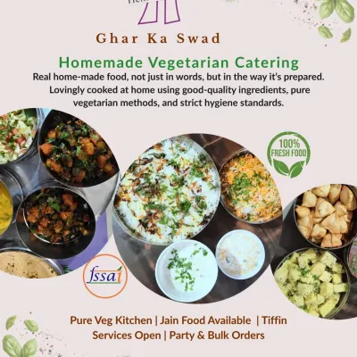 My kitchen offers complete homemade vegetarian catering solutions. Whether you need a daily tiffin service, food for a pooja, or a large order for a party, I prepare everything with love and care. You get real home-cooked food, not hotel food.