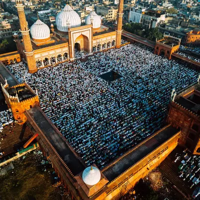 This aerial view captures the immense scale of devotion during Eid-ul-Fitr prayers at Delhi's historic Jama Masjid. This is the shot that defines my aerial work.