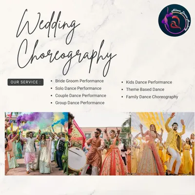 This graphic highlights the variety of our wedding choreography services, including performances for the bride and groom, couples, groups, and kids. The images show the joy and color we bring to wedding celebrations.