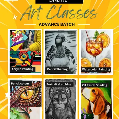 Our online advanced art batch offers a comprehensive curriculum for those looking to deepen their skills. This poster shows the variety of mediums we cover, including acrylics, watercolors, and portrait sketching.