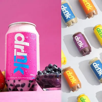 A vibrant shot for a berry smoothie, using a bright pink background and fresh fruit to highlight the ingredients. The split image on the right shows a pattern of the full product line, emphasizing the variety available.