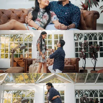 This collage showcases a surprise proposal during a styled indoor shoot. We captured the moment he got down on one knee and the joyful celebration that followed, all within a beautiful, sun-drenched room.