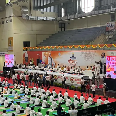 A view of the stage during our International Yoga Day event, with esteemed guests including BJP National President Shri J.P. Nadda. We are equipped to host high-profile political and cultural figures.