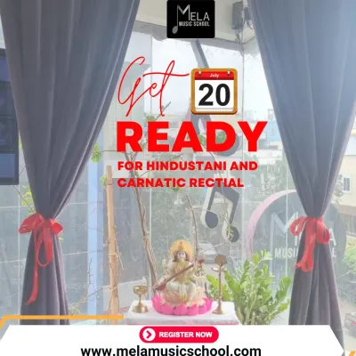An image of our studio prepared for a Hindustani and Carnatic recital, with a statue of Goddess Saraswati. I create an authentic and inspiring atmosphere for celebrating Indian classical music.