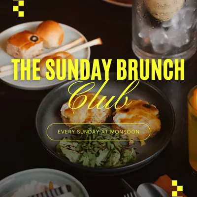 Welcome to The Sunday Brunch Club, your weekly escape. This poster captures the essence of our vibrant Sunday gatherings at Monsoon.
