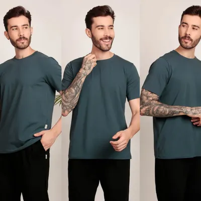 A collage showcasing a men's t-shirt from multiple angles. This is a standard and effective format for men's apparel e-commerce, helping customers see the fit and details.