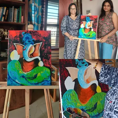 A vibrant, abstract Ganesha painting made with acrylics by my student, Nandita. This collage shows the finished piece on the easel and Nandita proudly displaying her work at the studio.