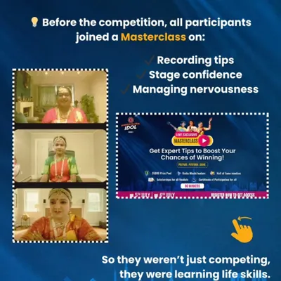Before competing in the Spardha Global Idol, all participants joined a masterclass on recording, stage confidence, and managing nervousness. We don't just prepare them to compete; we prepare them for life.