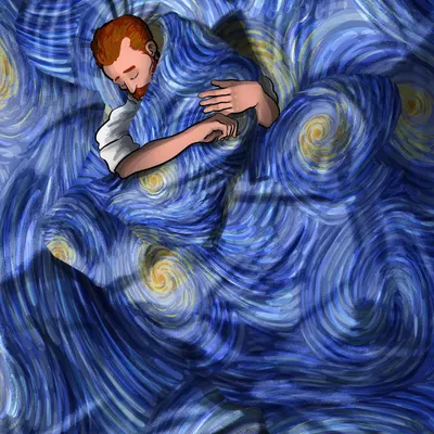 Vincent finds comfort wrapped in a blanket of his own 'Starry Night', a visual metaphor for being embraced by one's own creation.