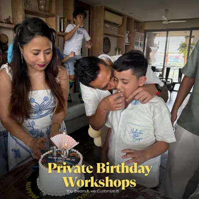 A collage showing the key elements of a private birthday workshop, including the birthday cake moment, making it a complete and joyous celebration.