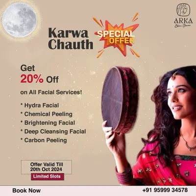 Our Karwa Chauth special offer. Get 20% off on all facial services like Hydra Facial, Chemical Peeling, and Carbon Peeling to get a festive glow.