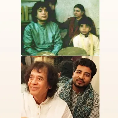 Then and now. A picture from my childhood with the god of music, Ustad Zakir Hussain ji, recreated after 19 years. To be in his presence is to be blessed, and I offer my respects at his lotus feet.