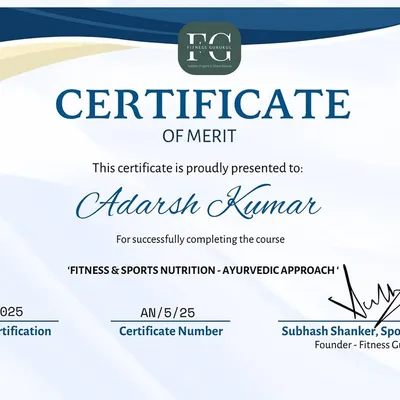 My approach is backed by knowledge. This certificate in 'Fitness & Sports Nutrition - Ayurvedic Approach' allows me to create unique, personalized diet plans that merge the best of modern science with timeless wellness principles for holistic health.