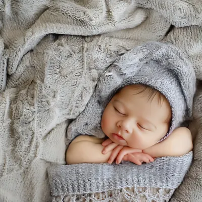 A simple, cozy wrap is sometimes all you need. This pose highlights the baby's peaceful sleep and delicate features, showing the beauty of a newborn in their natural, curled state.