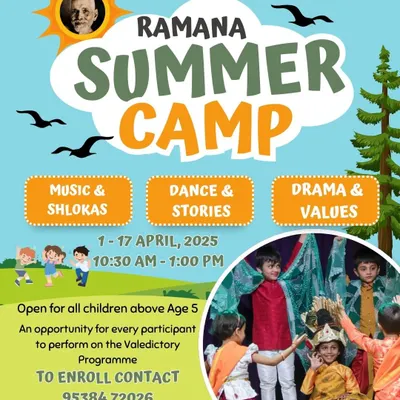 Our Ramana Summer Camp invites children to discover themselves through life skills with an emphasis on self-awareness. This poster highlights the blend of music, shlokas, dance, stories, drama, and values that form our curriculum.