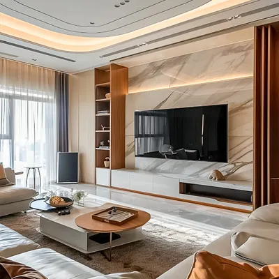 A luxurious TV unit design featuring a large marble-finish back panel with warm ambient lighting. The unit includes a floating white console and an asymmetrical wooden bookshelf for display.