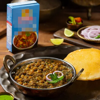 The final shot of Chole Bhature for Rakesh Masala, shown next to the product packaging it was created for. This demonstrates how I create an aspirational serving suggestion for a packaged good.