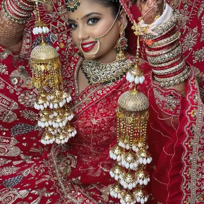 A classic bridal pose, showing off the beautiful kalire against a vibrant red lehenga. The makeup features a bold red lip and defined eyes to match the traditional attire.