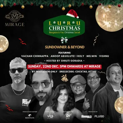 The official poster for a Luru Christmas "Sundowner & Beyond" edition. It details the full lineup of DJs and our host, setting the stage for a classy evening with a mandatory cocktail attire dress code.